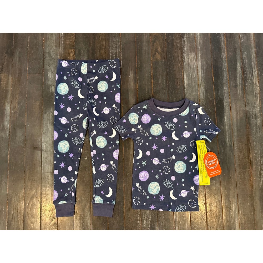 Wonder Nation Kids Pajama Set 3T Navy Outer Space Planets Stars Snug Fit NWT
